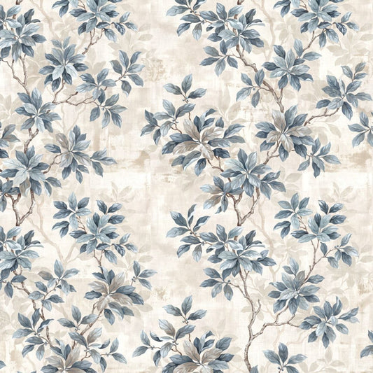 Leafy Daydreams wallpaper with blue and grey foliage on a textured beige background.