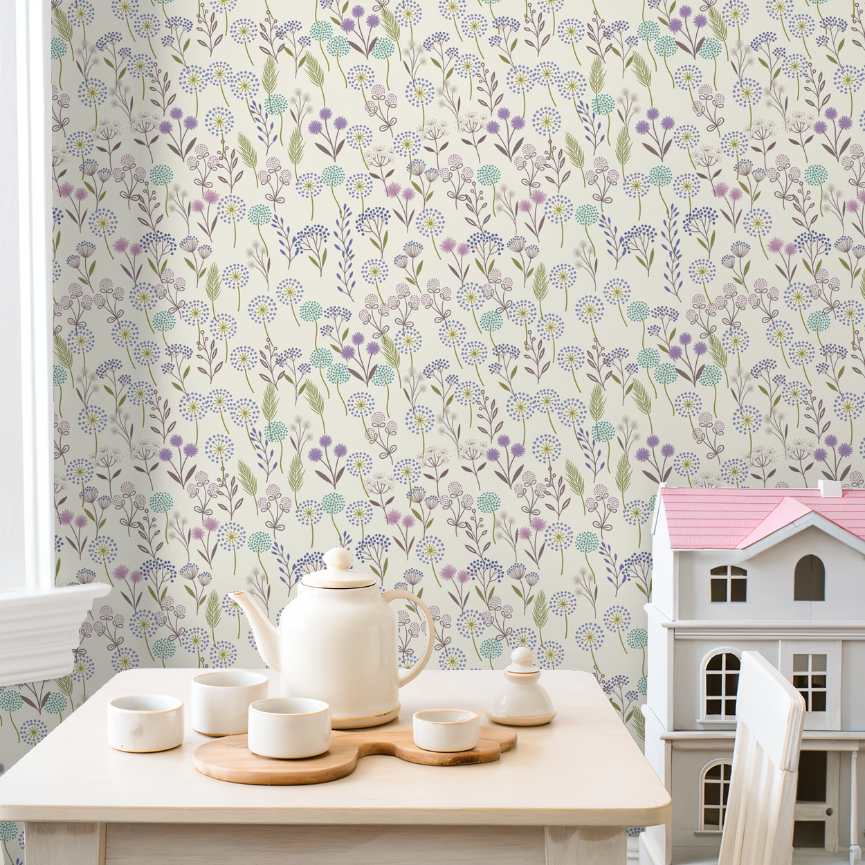 Floral wallpaper with lavender, teal, and sage on cream in a cozy dining area.