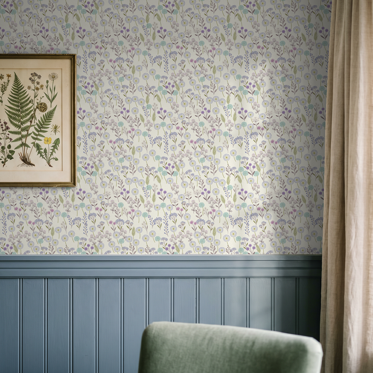 Floral wallpaper with lavender, teal, and sage on cream in a vintage room setting.