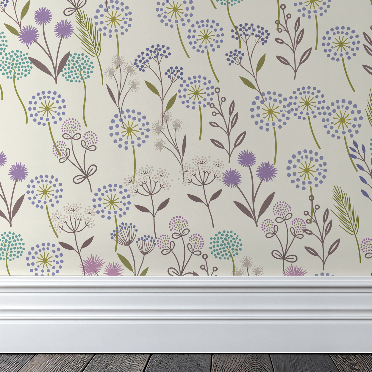 Floral wallpaper with lavender, teal, and sage green on creamy background in room setting.