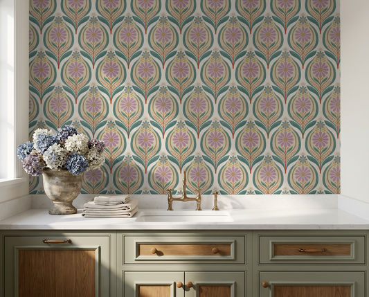 Lilac floral and teal leaf wallpaper in vintage kitchen setting with hydrangeas.