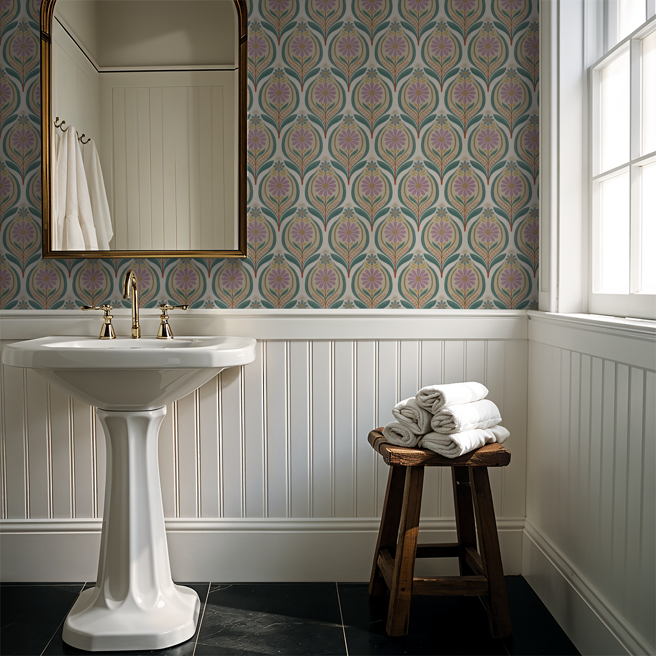 Lilac floral wallpaper with teal leaves in elegant bathroom setting.