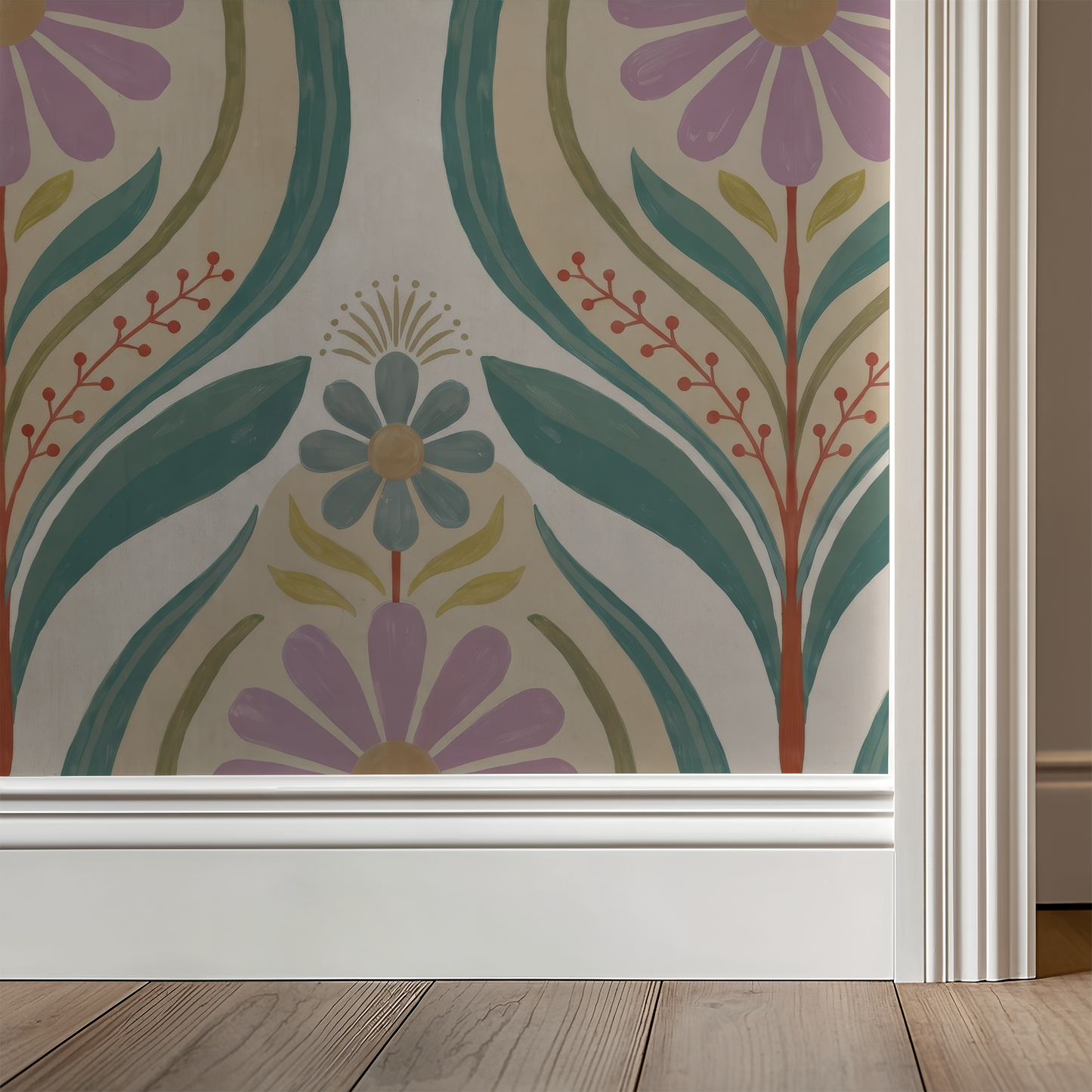 Lilac floral wallpaper with teal leaves in a vintage room setting.