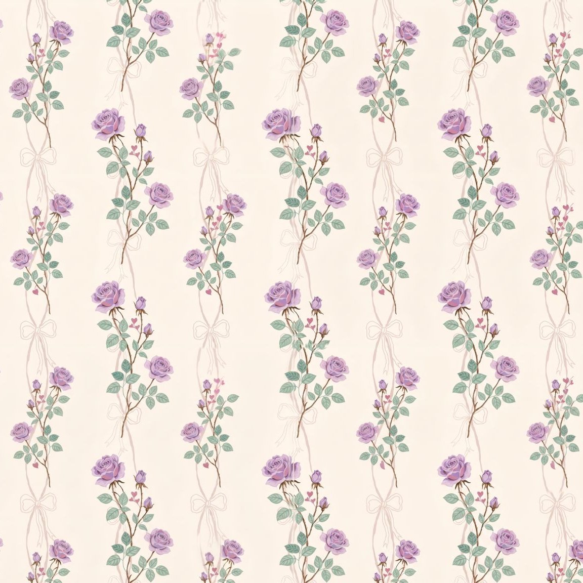 Lilac rose floral wallpaper with leafy vines on cream background