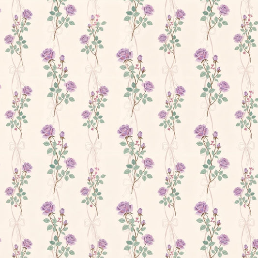 Lilac rose floral wallpaper with leafy vines on cream background