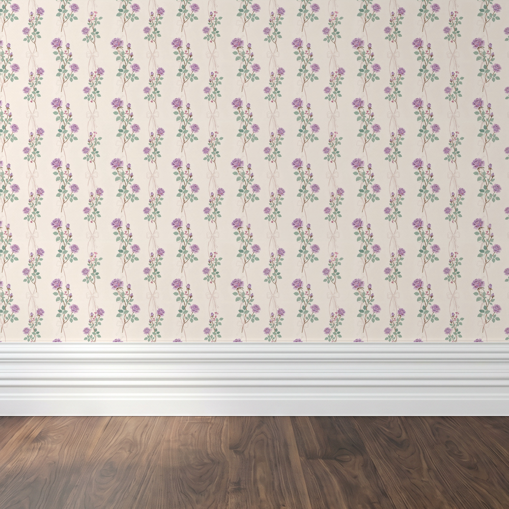 Lilac rose floral wallpaper with leafy vines on cream background in room setting.