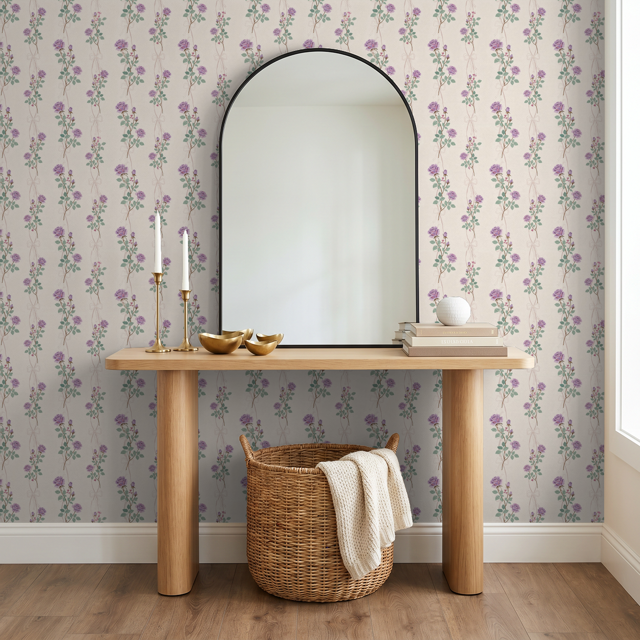 Lilac rose floral wallpaper with vines in elegant room setting.