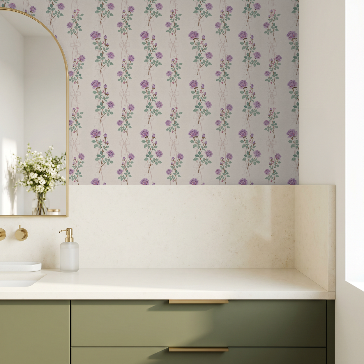 Lilac rose floral wallpaper with vines in a modern bathroom setting