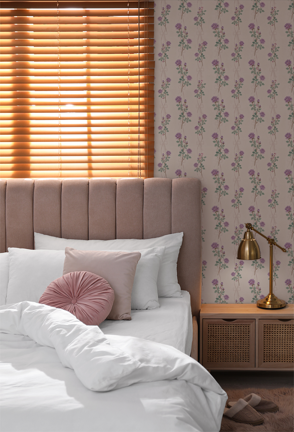 Lilac rose vine wallpaper in cozy bedroom with pink headboard and gold lamp.