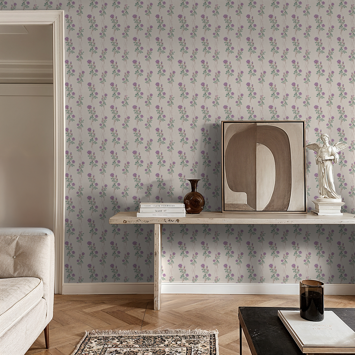 Lilac rose vine wallpaper in elegant living room with vintage decor.