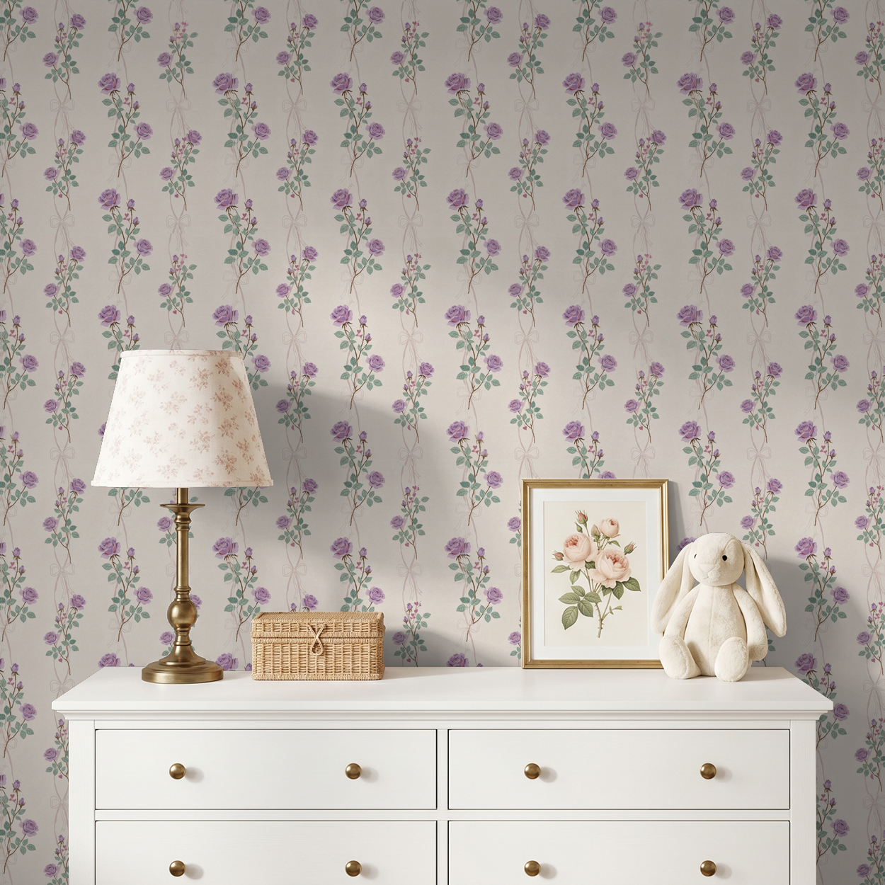 Lilac rose wallpaper with leafy vines in a vintage room setting.
