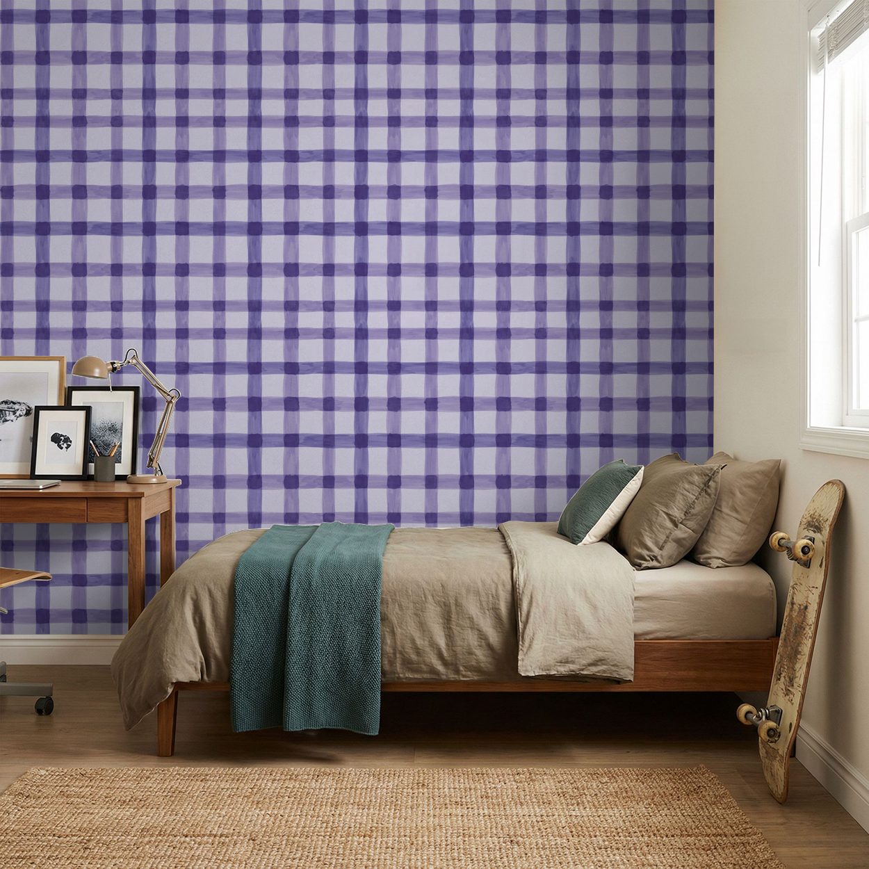 Lilac and violet plaid wallpaper in cozy bedroom with wooden bed.