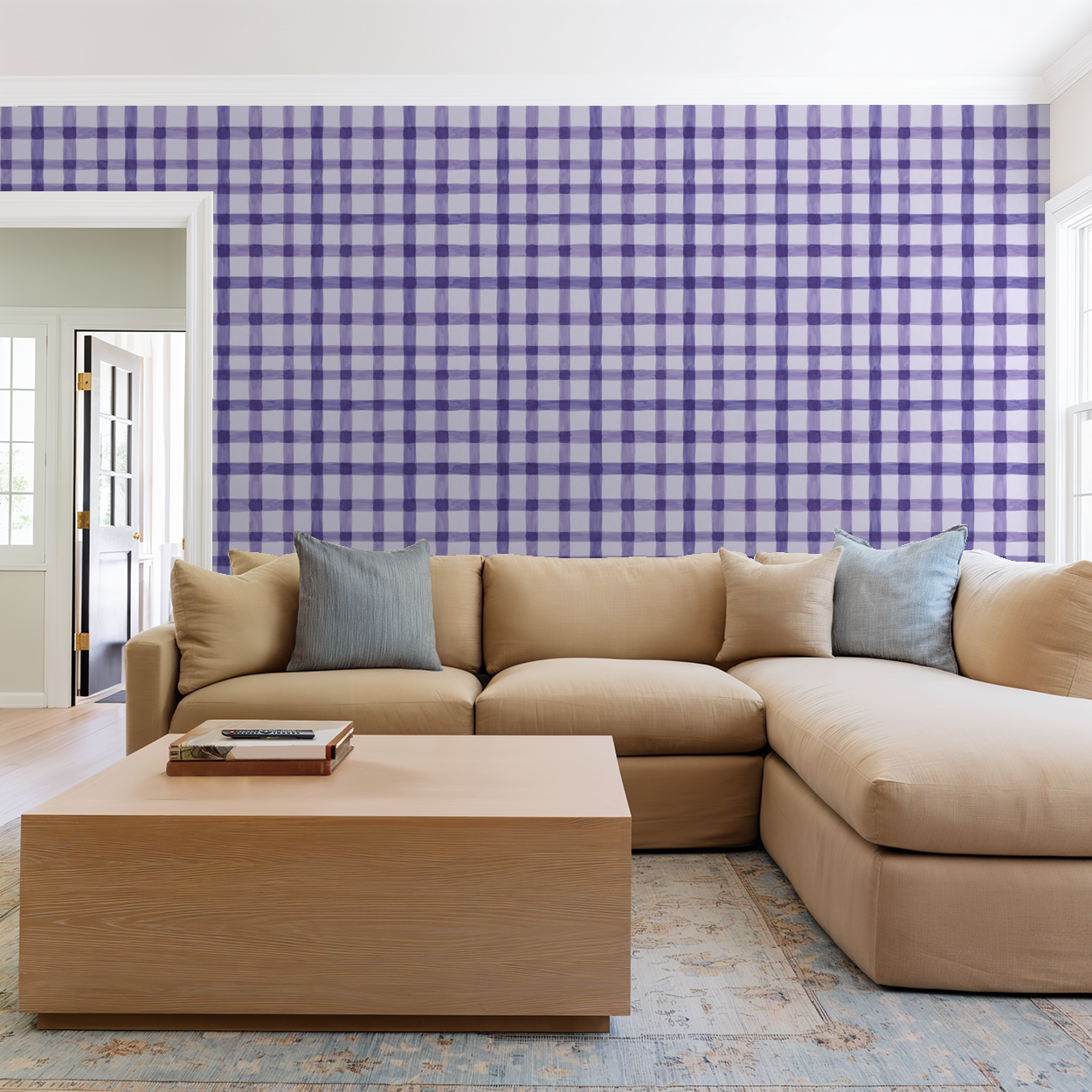 Lilac and violet plaid wallpaper in modern living room with beige sofa