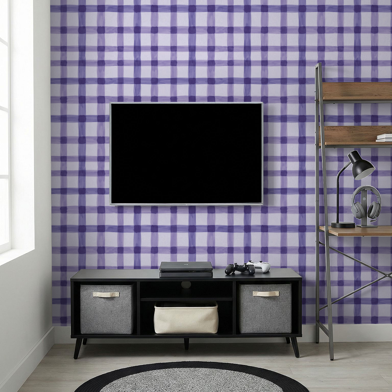 Lilac and violet plaid wallpaper in modern living room with TV and shelves.