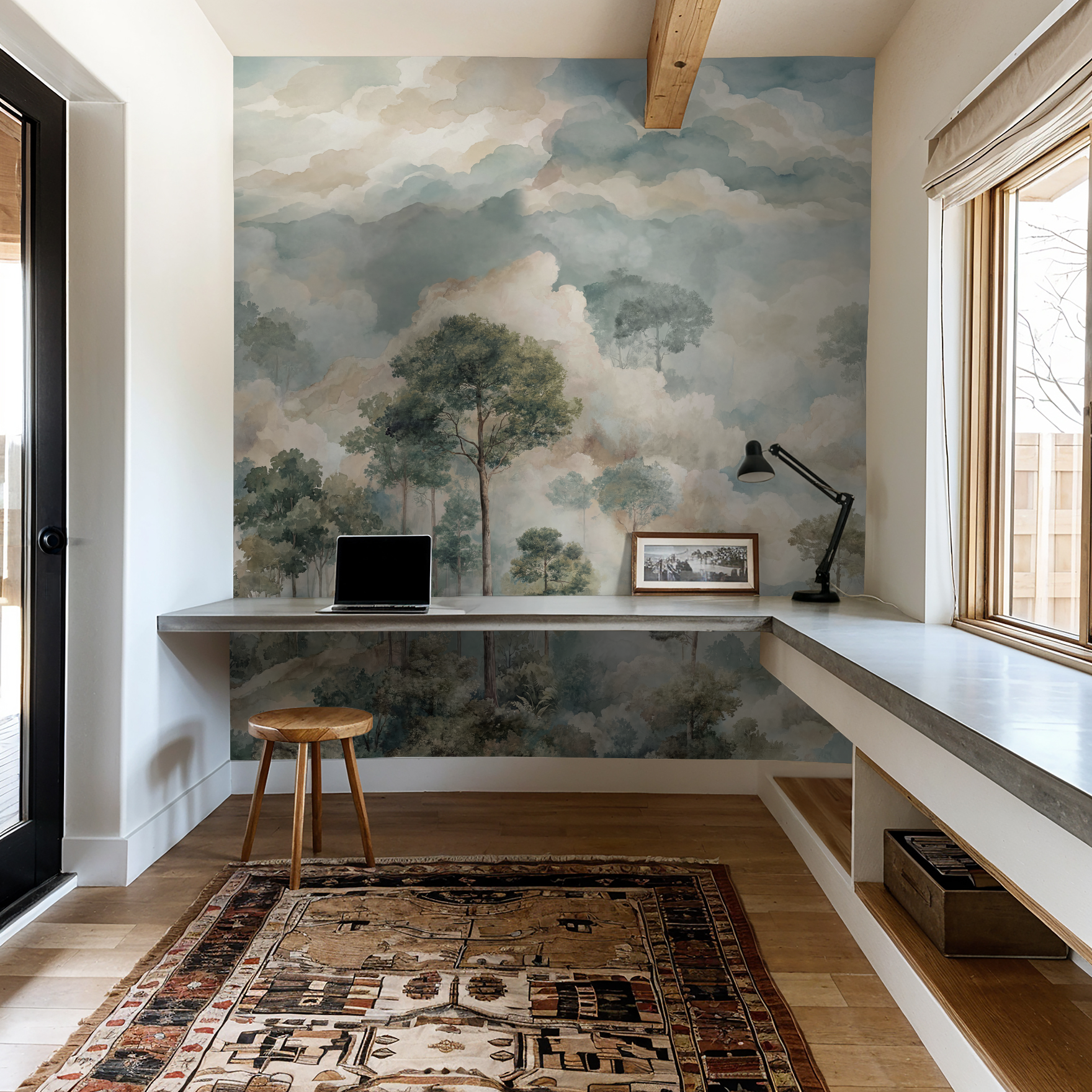 Nature-themed wallpaper with trees and clouds in a serene home office setting.