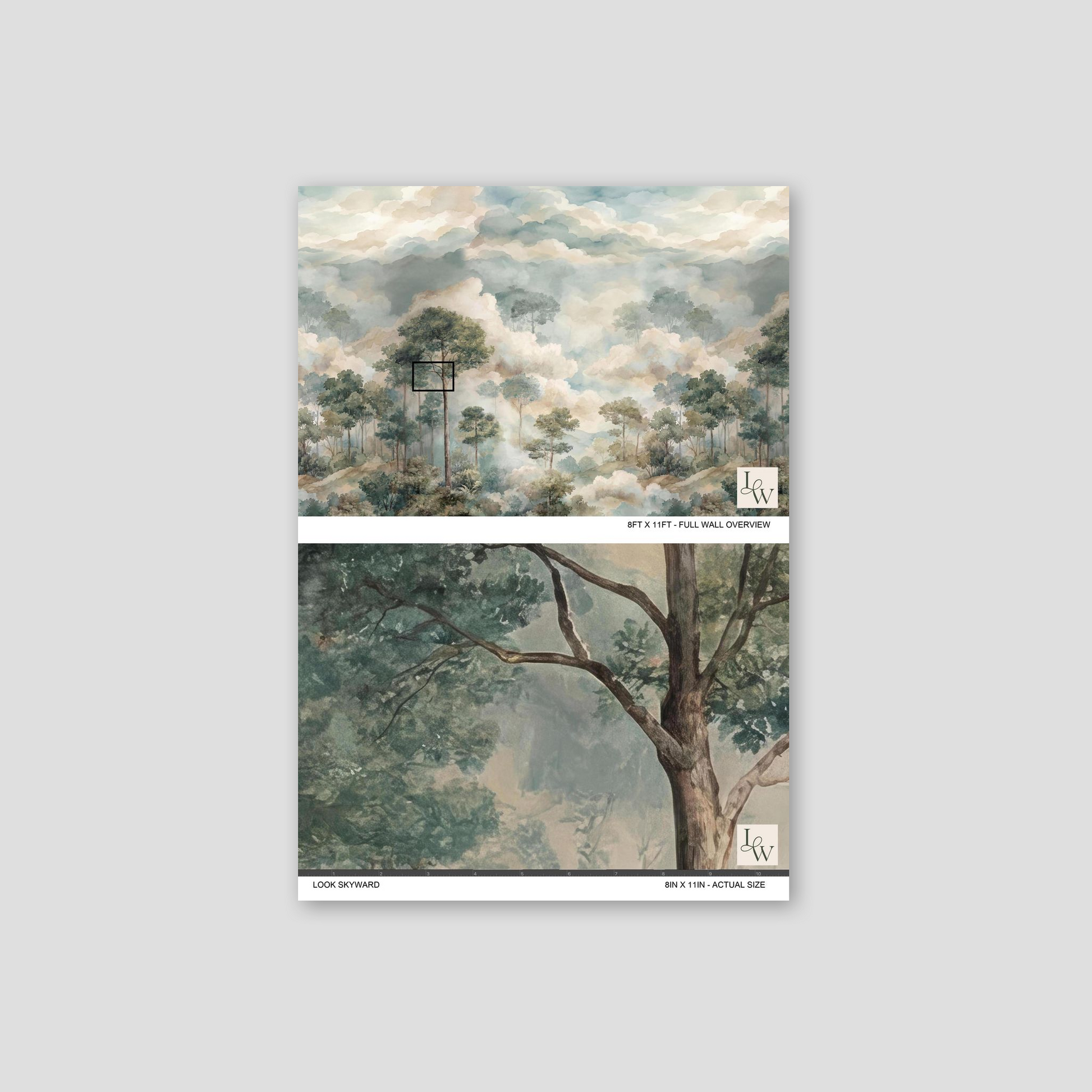 Wallpaper with watercolor forest and clouds in muted greens and blues.