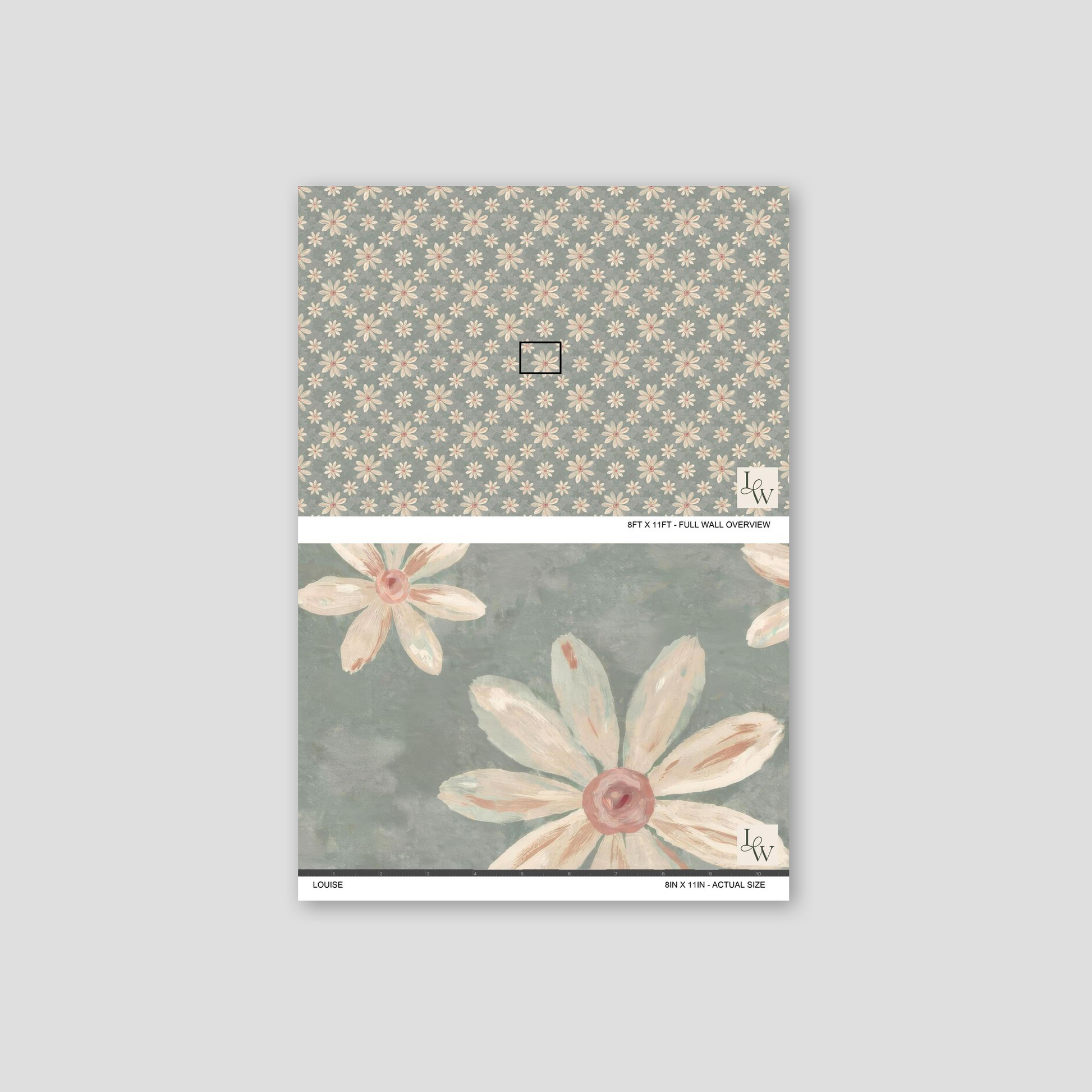 Louise wallpaper with muted floral pattern in creamy whites and dusty pinks on sage background.