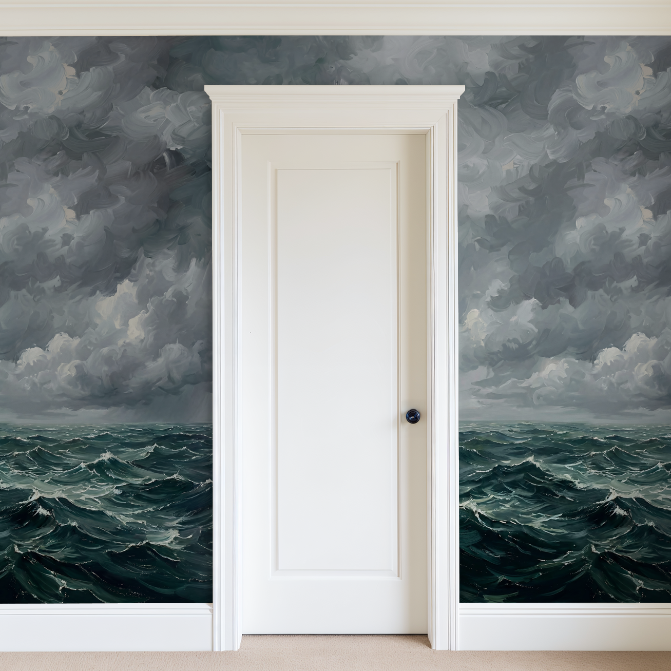 Teal and navy ocean wave wallpaper with gray clouds in a room with a white door.