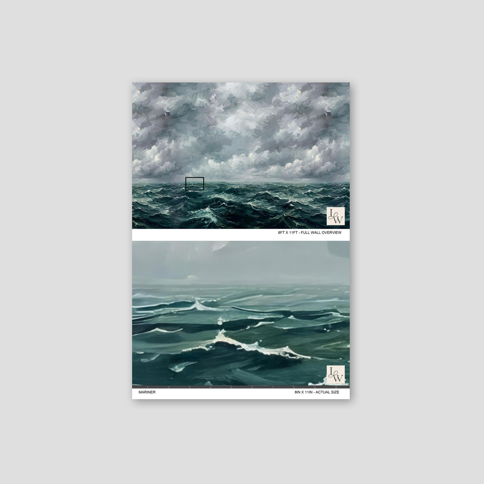 Dramatic ocean waves wallpaper with teal and navy under cloudy sky.