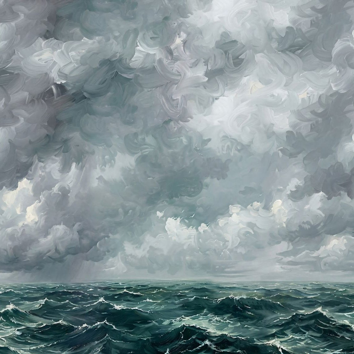 Mariner wallpaper with teal and navy waves under gray clouds, seascape design.
