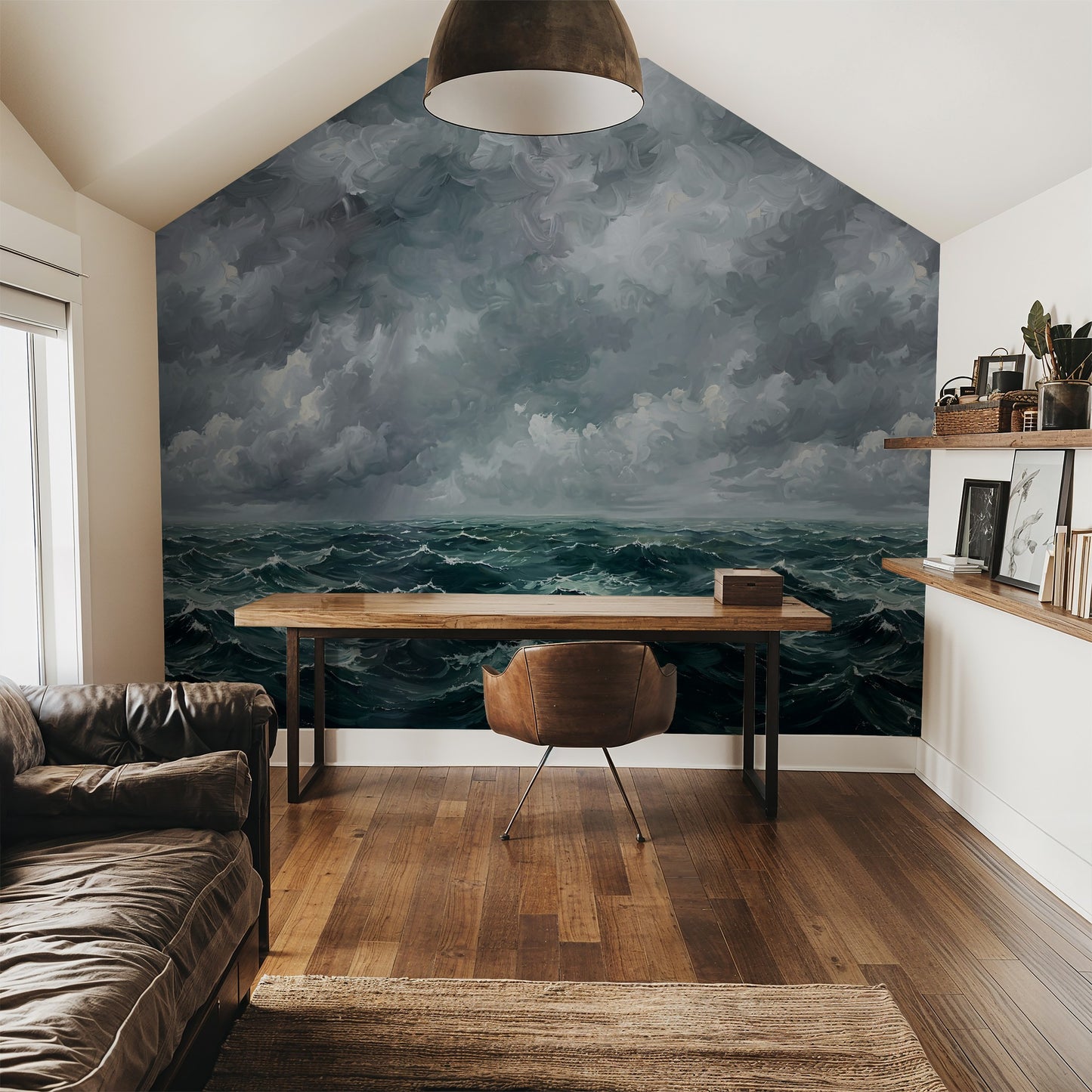 Mariner wallpaper with teal waves and gray clouds in a modern study room.
