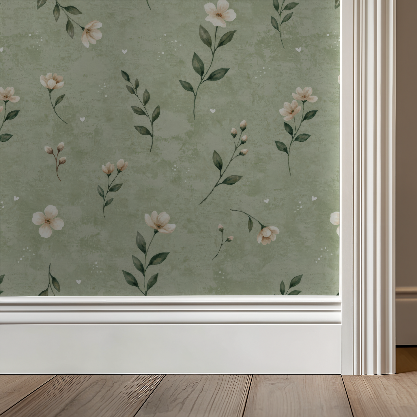 Meadowshire floral wallpaper with delicate blossoms on sage green background in room setting.