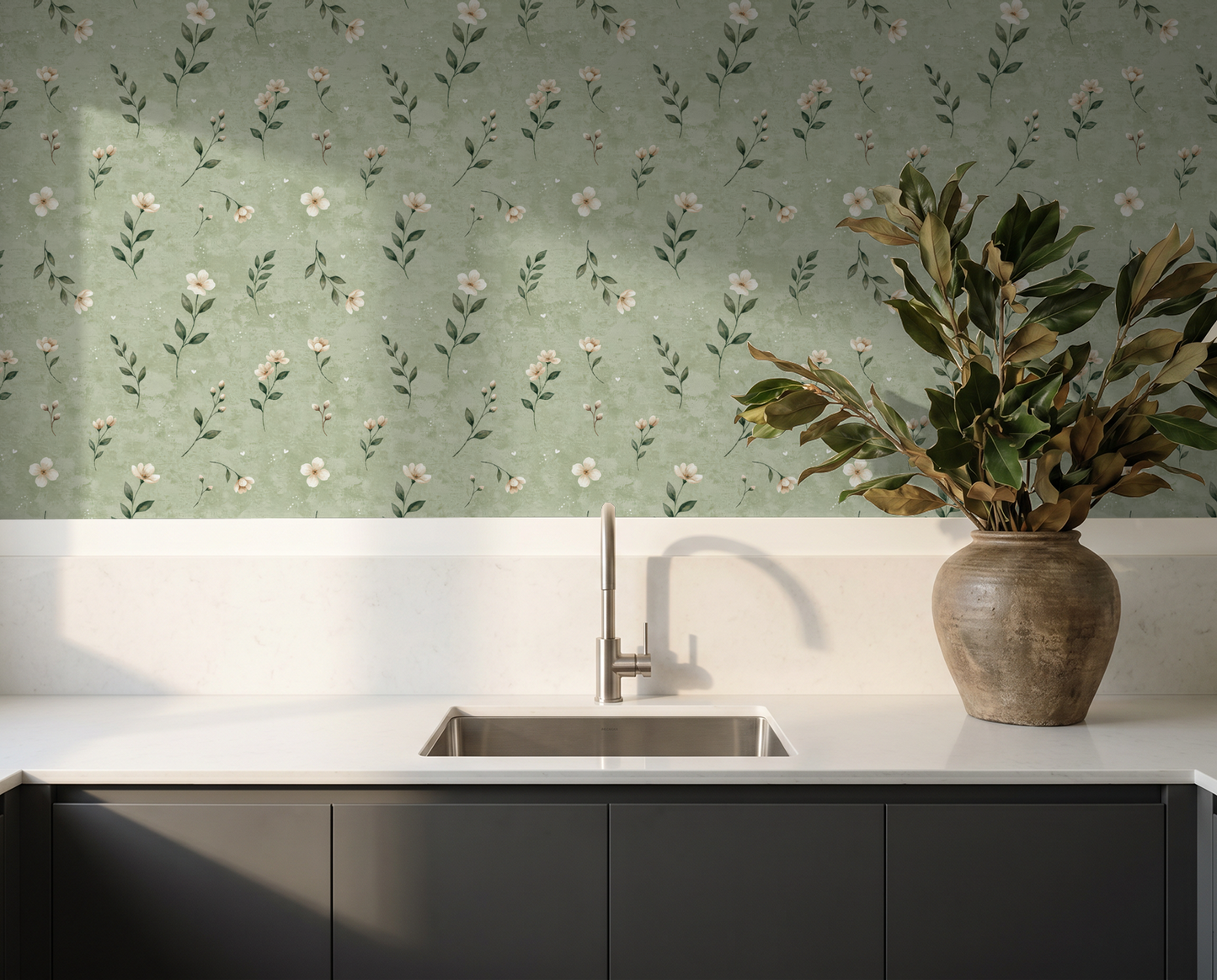 Meadowshire floral wallpaper with delicate blossoms on sage background in kitchen setting.