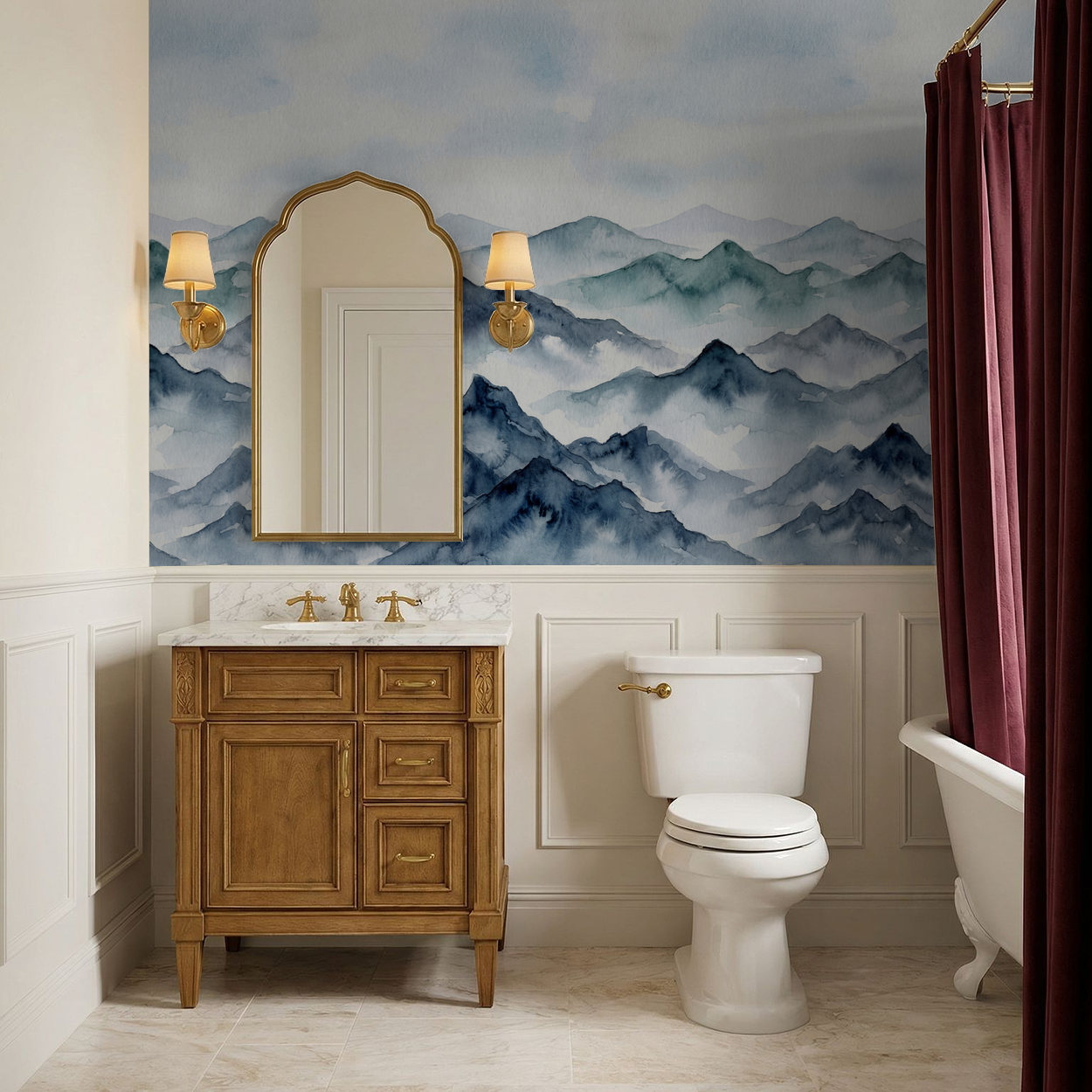 Bathroom with Misty Reverie mountain wallpaper, wooden vanity, and gold accents.
