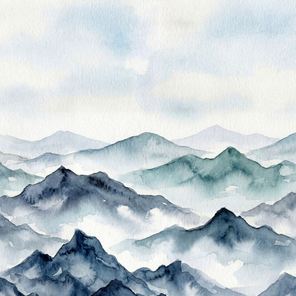 Watercolor mountain landscape wallpaper in blues and greys with misty peaks.