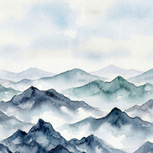 Watercolor mountain landscape wallpaper in blues and greys with misty peaks.