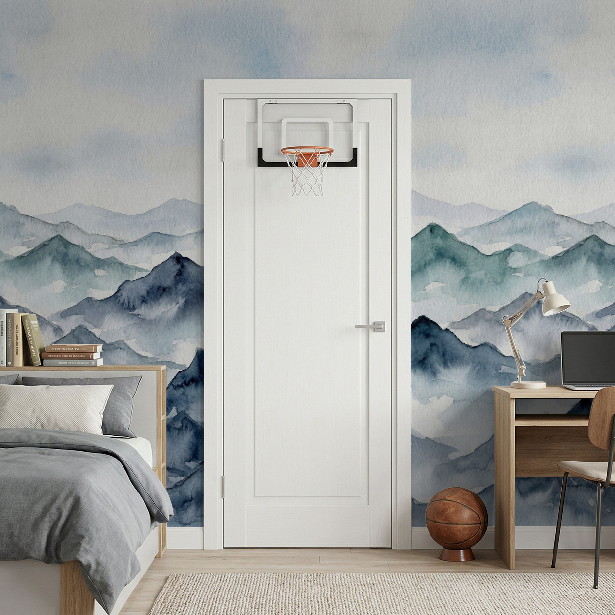 Watercolor mountain wallpaper in serene bedroom with desk and basketball hoop.