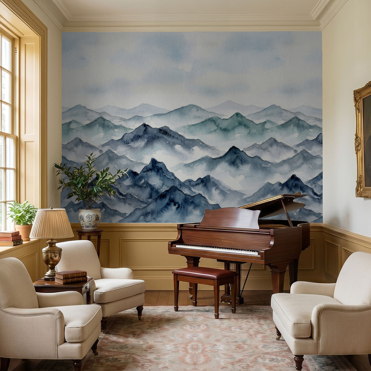 Watercolor mountain wallpaper in elegant living room with piano and armchairs.