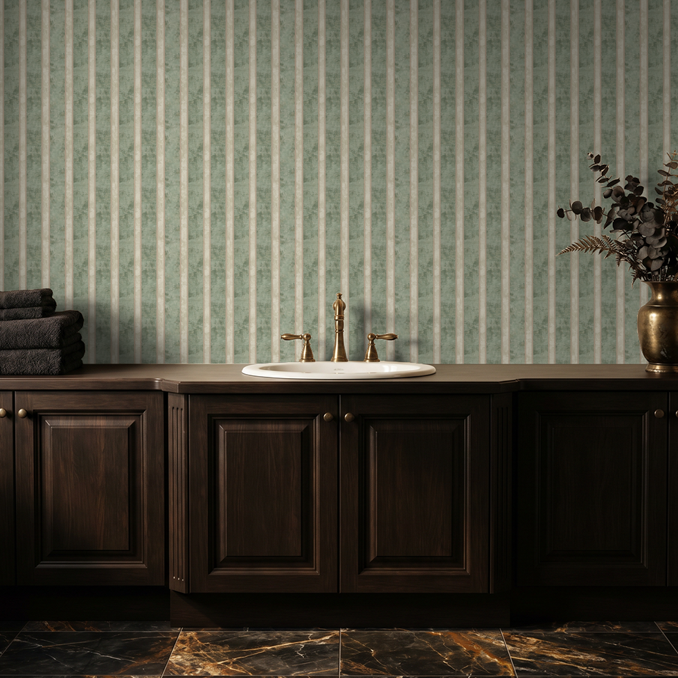 Muted sage and cream striped wallpaper in classic bathroom setting with dark wood cabinetry.