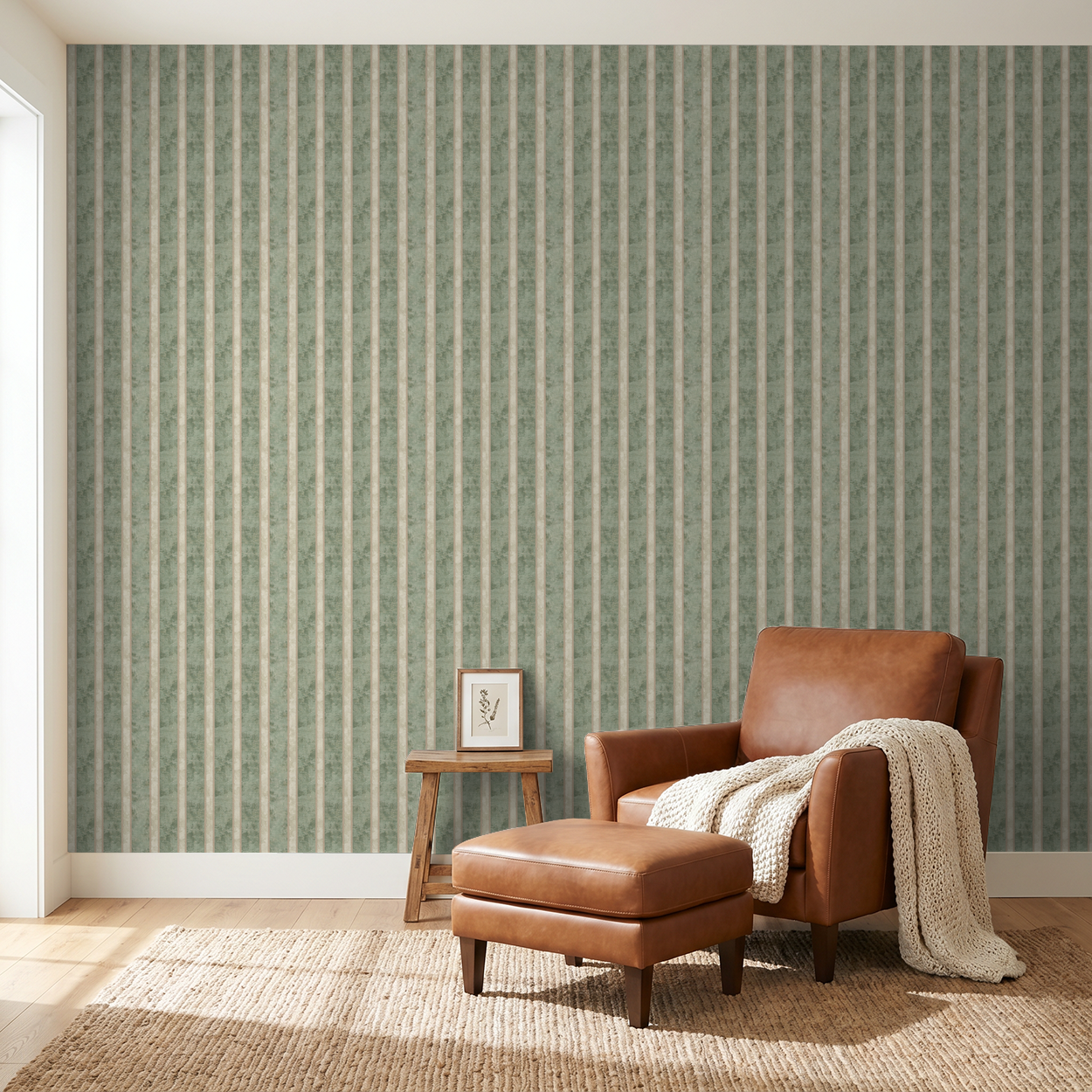 Muted sage and cream striped wallpaper in cozy living room with leather chair.