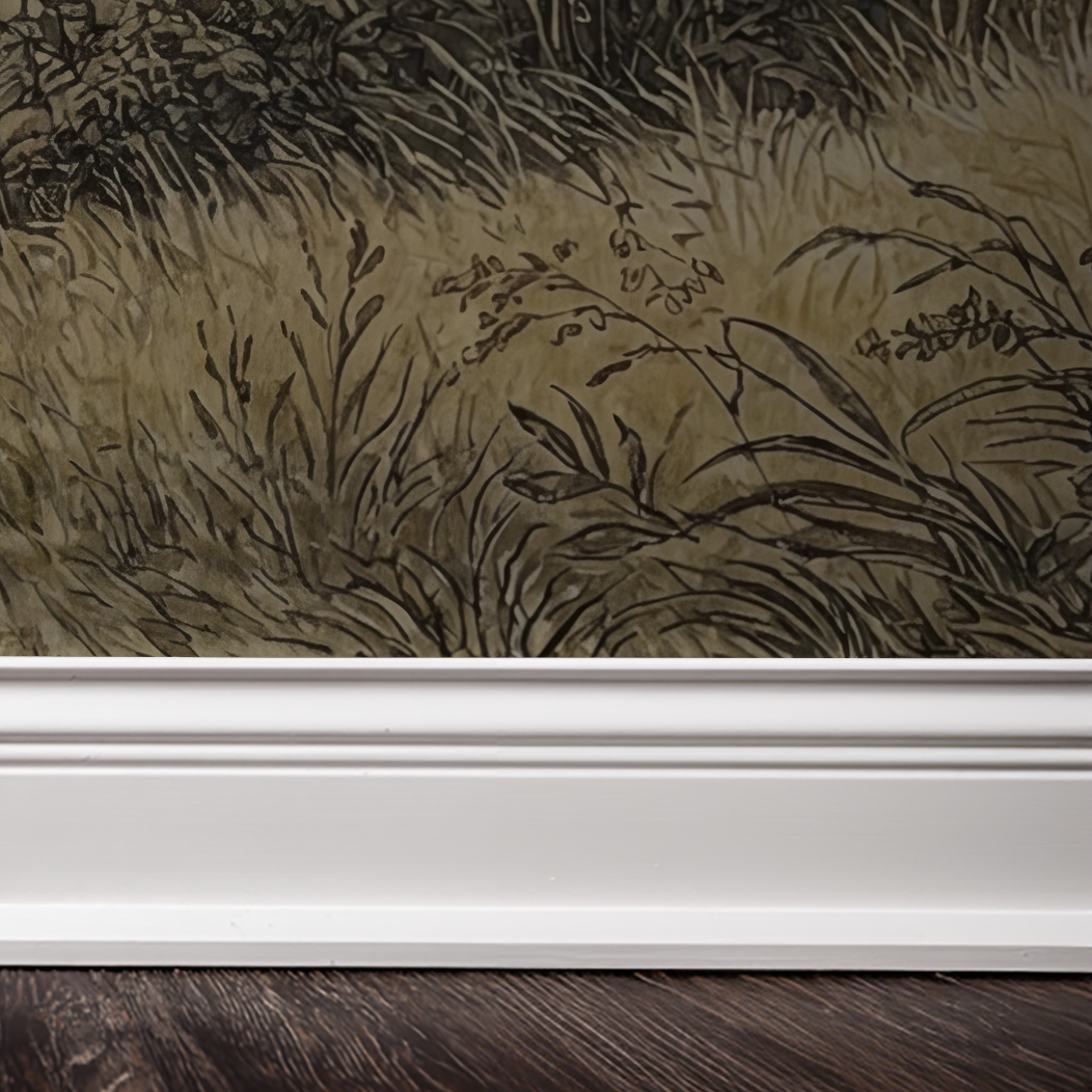 Nature-inspired wallpaper with detailed grass and foliage pattern in earthy tones.