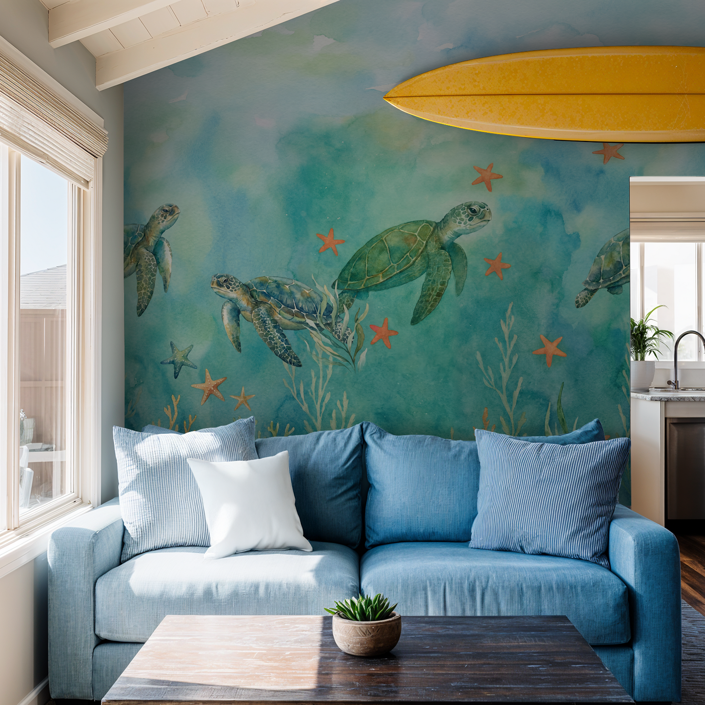 Oceaneer wallpaper with sea turtles and starfish in aquamarine hues in a coastal living room.