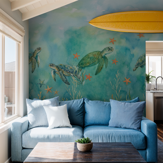 Oceaneer wallpaper with sea turtles and starfish in aquamarine hues in a coastal living room.
