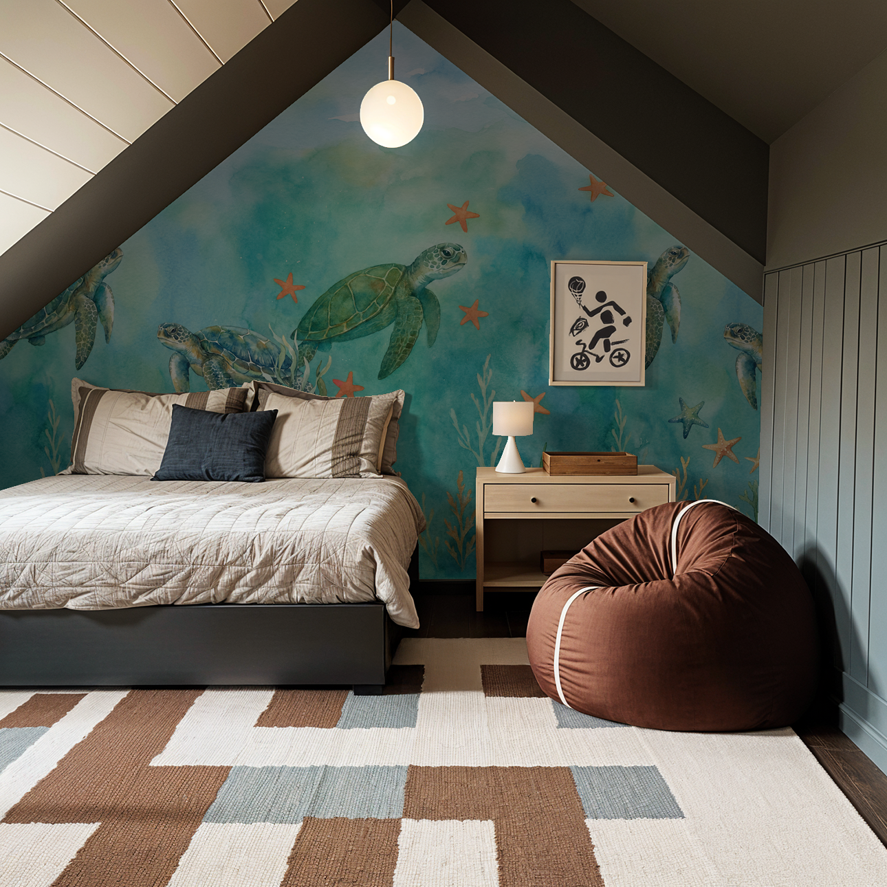 Coastal-themed bedroom with Oceaneer wallpaper featuring sea turtles and starfish in aquamarine hues.