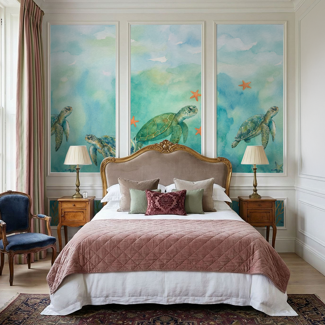 Oceaneer wallpaper with turtles and starfish in serene aquatic bedroom setting.
