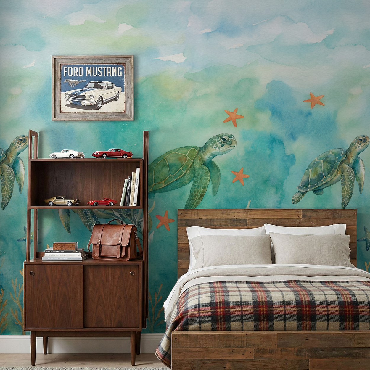 Oceaneer wallpaper with turtles and starfish in a coastal bedroom setting.