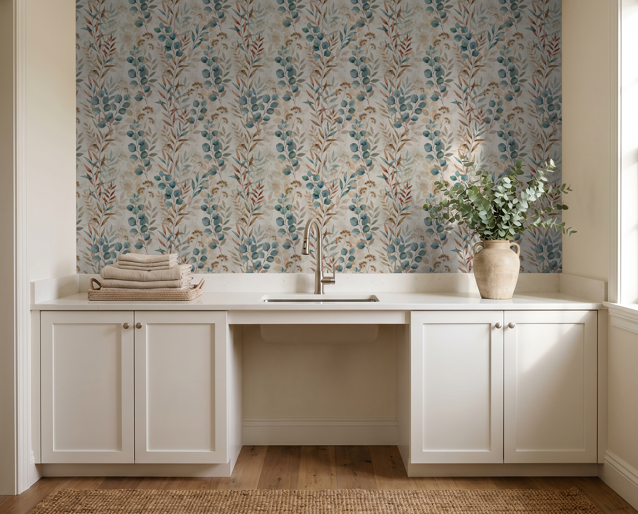 Oleander botanical wallpaper with blue and brown floral motifs in a modern kitchen setting.