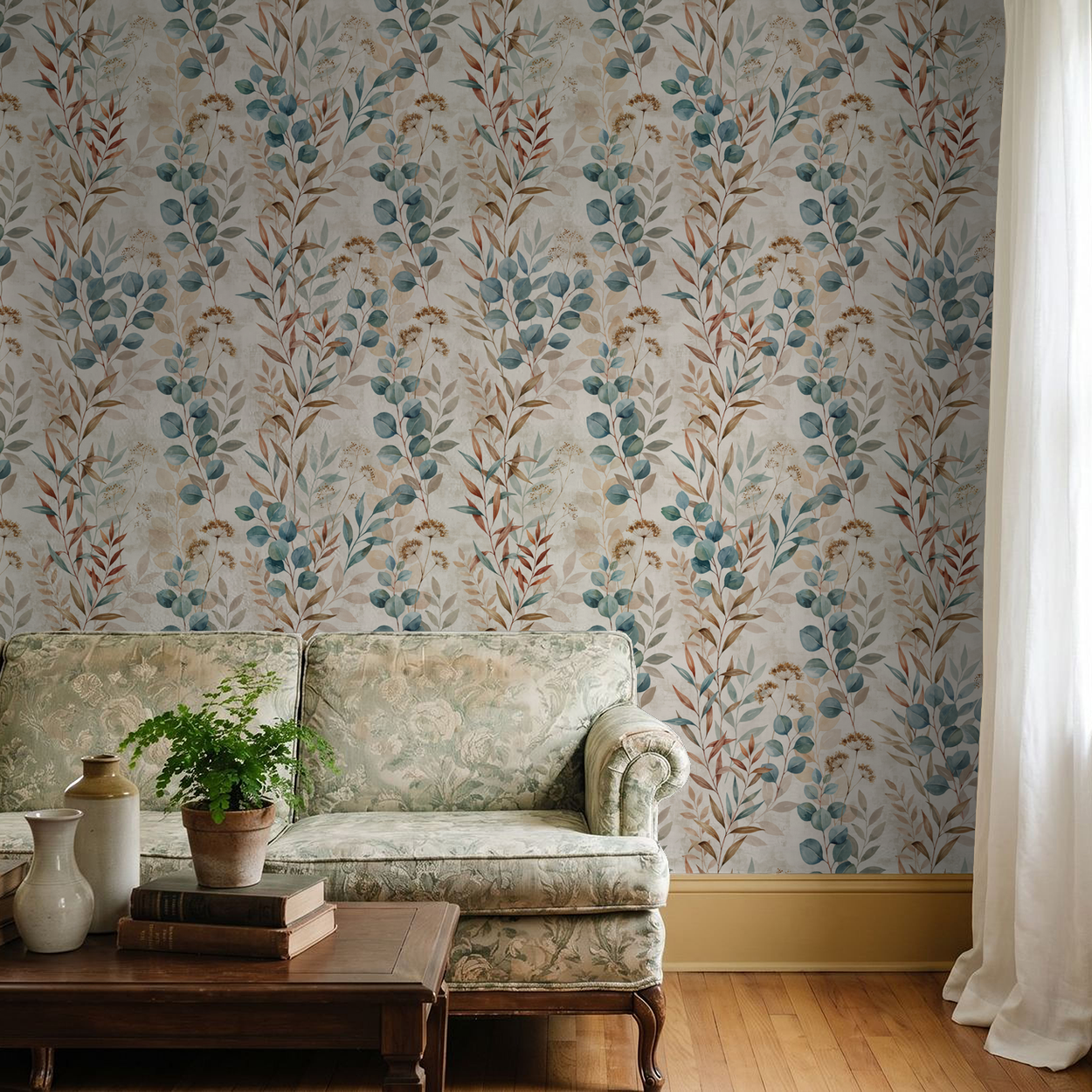 Oleander wallpaper with blue and brown botanical patterns in a cozy living room.