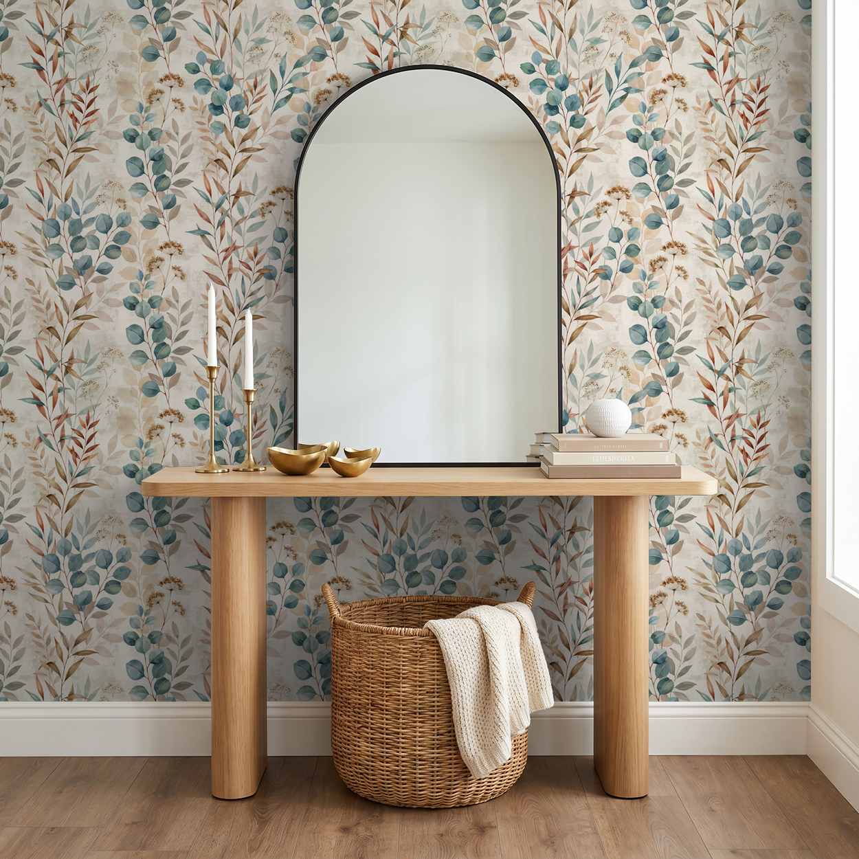Oleander botanical wallpaper with blue and brown leaves in a modern entryway.