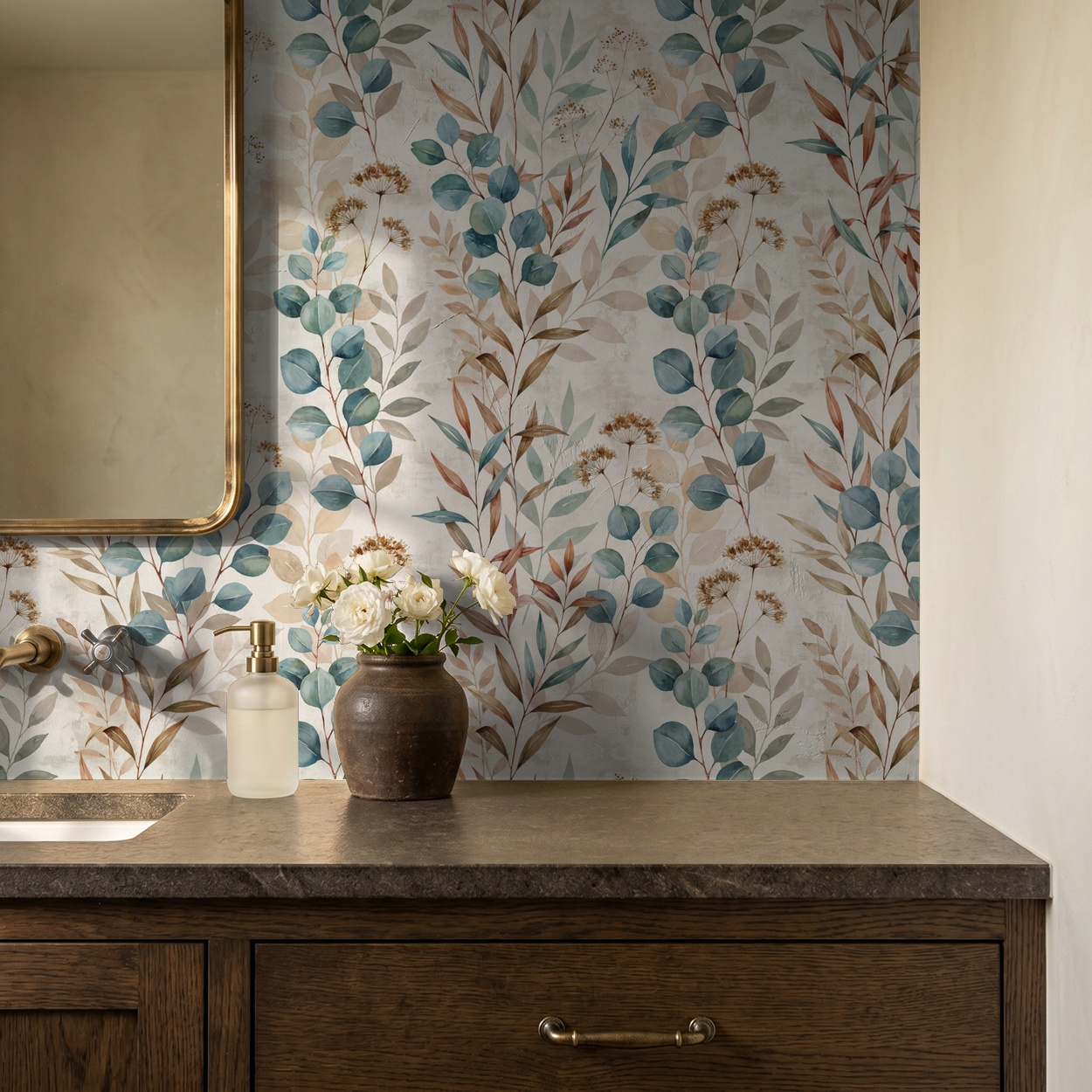 Oleander botanical wallpaper with blue and brown foliage in a rustic bathroom setting.