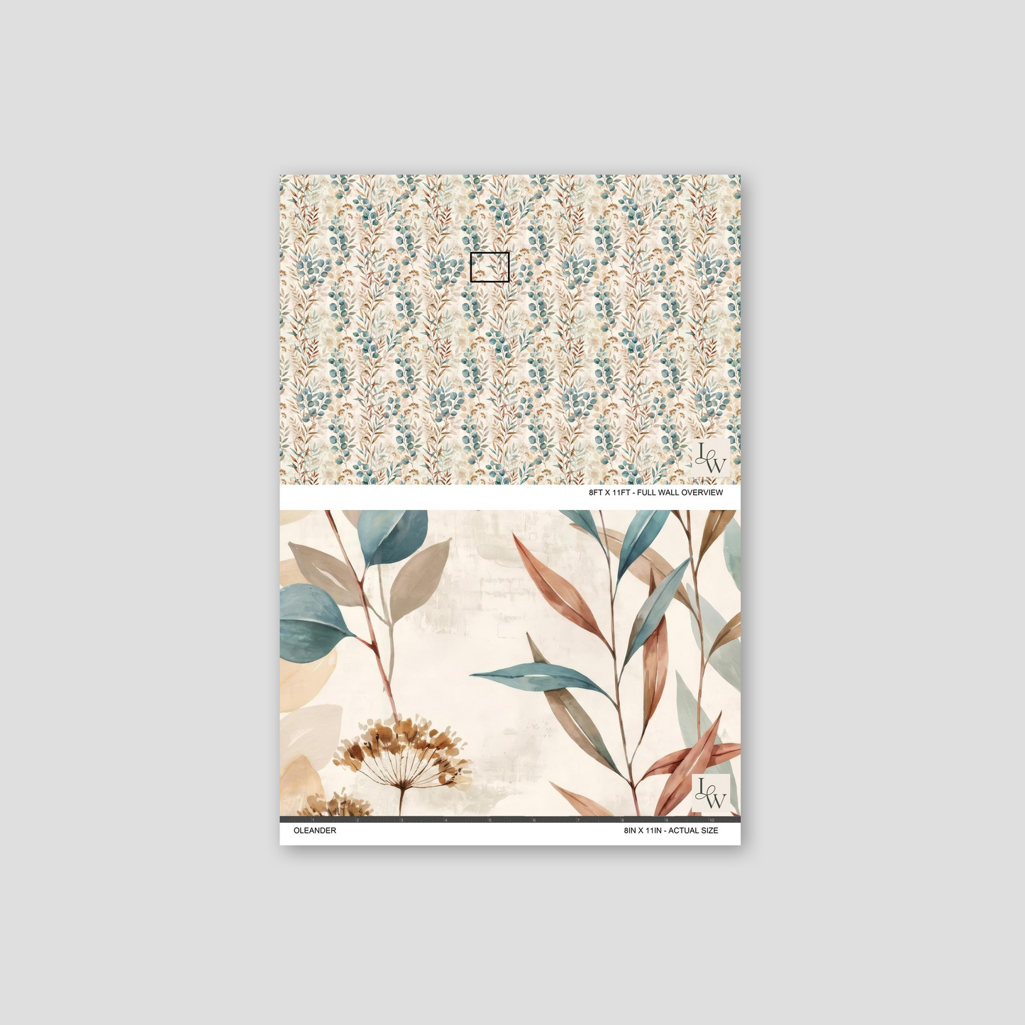 Oleander wallpaper with botanical motifs in muted blues, browns, and creams.