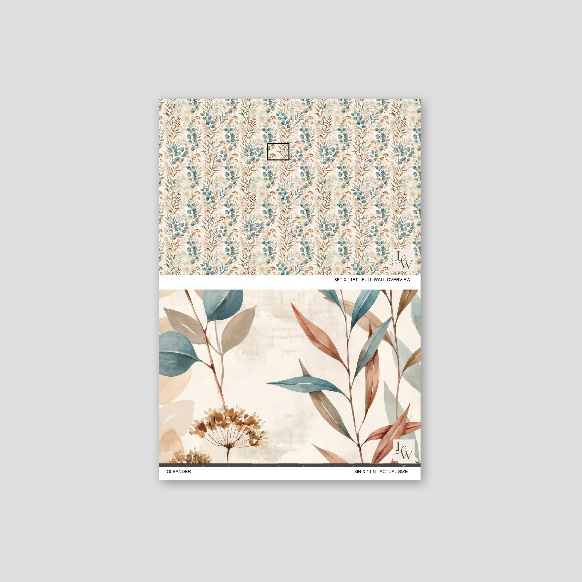 Oleander wallpaper with botanical motifs in muted blues, browns, and creams.