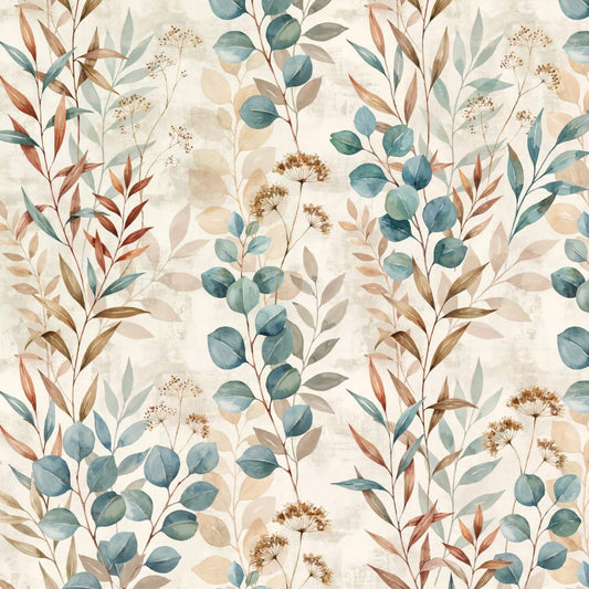 Oleander wallpaper with botanical motifs in muted blues, browns, and creams