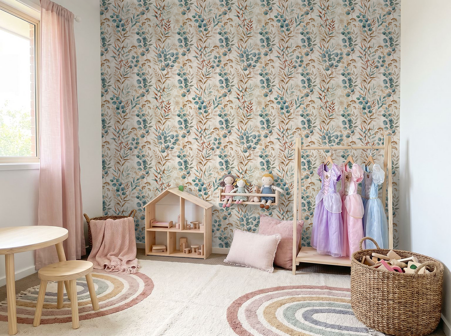 Oleander botanical wallpaper with blue and brown motifs in a cozy nursery setting.
