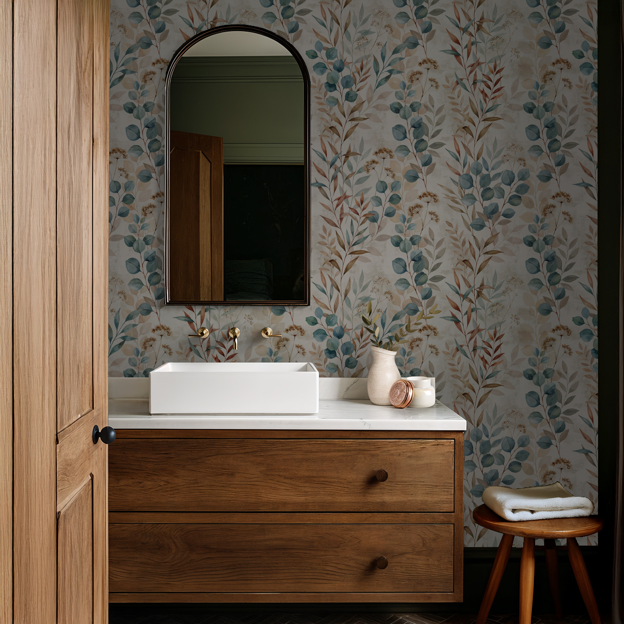 Oleander botanical wallpaper with muted blues and browns in a rustic bathroom setting.