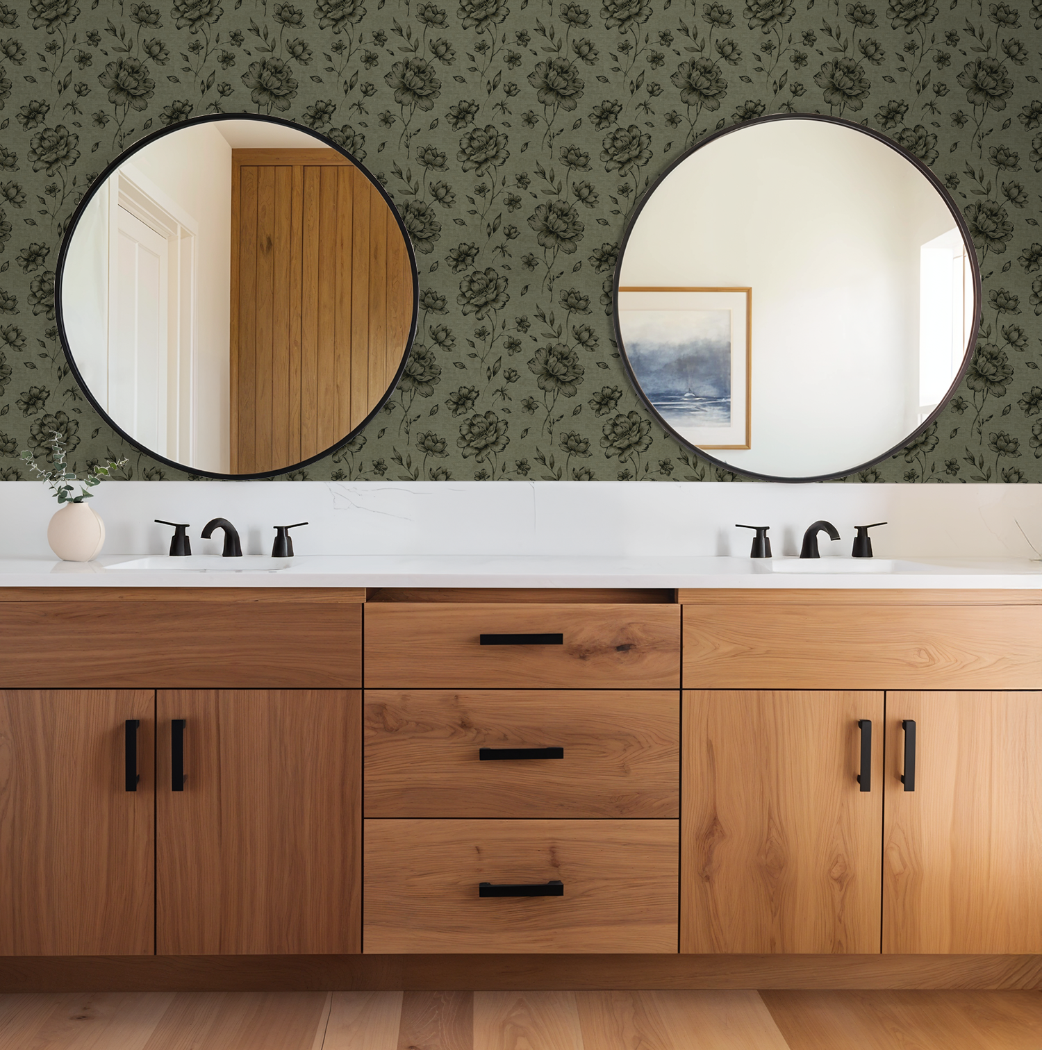 Olive floral wallpaper with charcoal motifs in modern bathroom setting.
